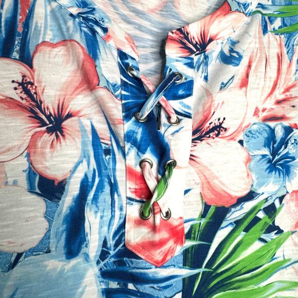 Thomas & Olivia Wms L Blue Pink White Tropical Floral Sleeveless Lace-up Top - Picture 4 of 7